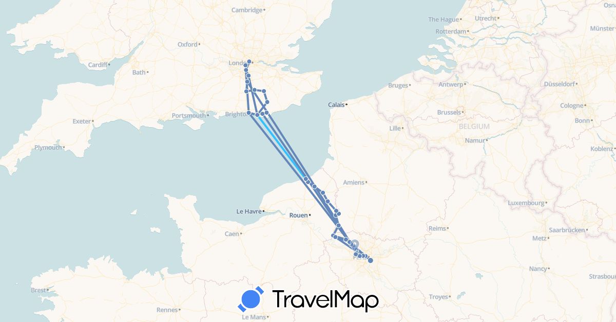 TravelMap itinerary: cycling, boat in France, United Kingdom (Europe)